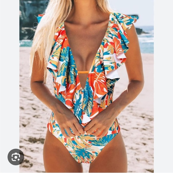 NWT Binlowis Deep V Neck Flounce One Piece Swimsuit Orange Print Ruffle Small - Picture 8 of 8